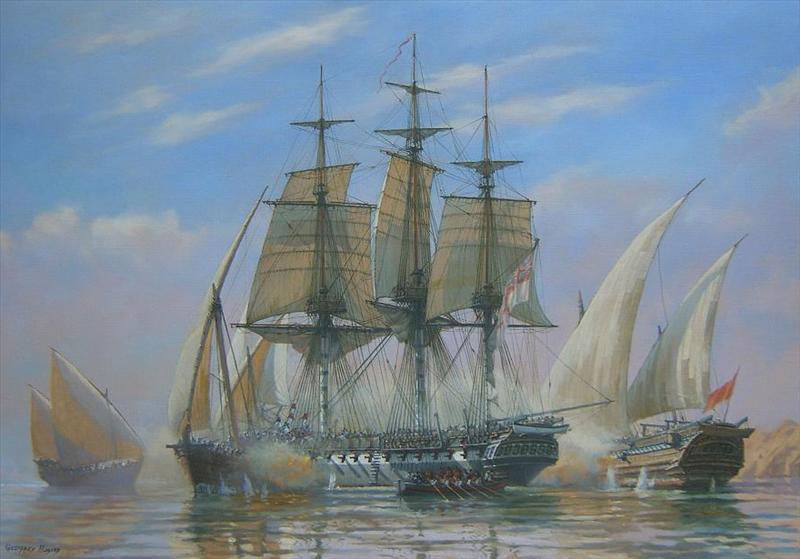<b>"A British frigate in light winds boarding a dhow and under attack from a second dhow"</b>